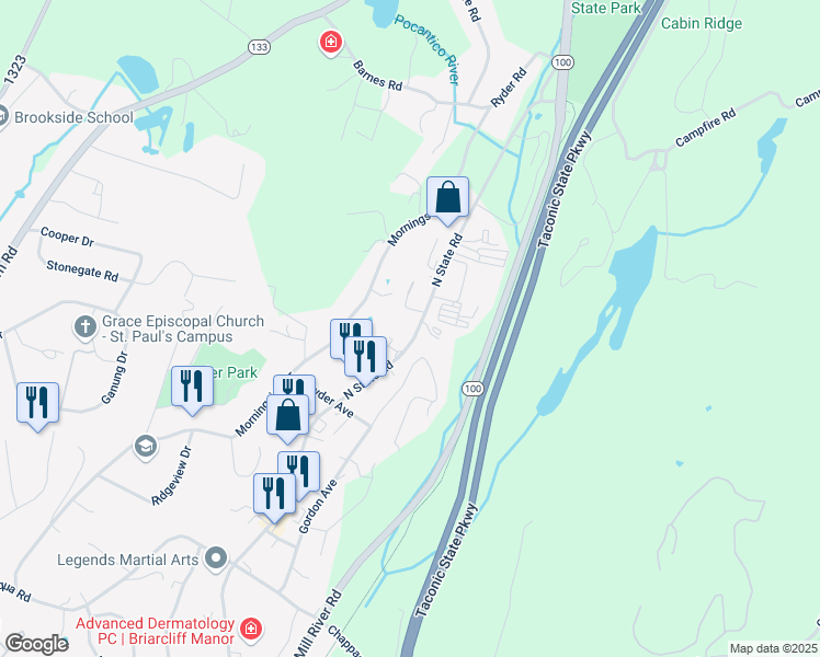 map of restaurants, bars, coffee shops, grocery stores, and more near 565 North State Road in Briarcliff Manor