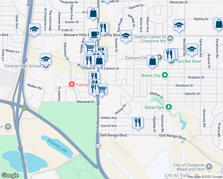 map of restaurants, bars, coffee shops, grocery stores, and more near 5353 Yellowstone Road in Cheyenne