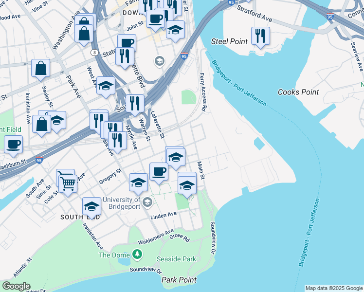 map of restaurants, bars, coffee shops, grocery stores, and more near 30 Gregory Street in Bridgeport