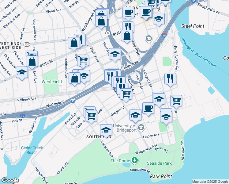 map of restaurants, bars, coffee shops, grocery stores, and more near 508 Park Avenue in Bridgeport