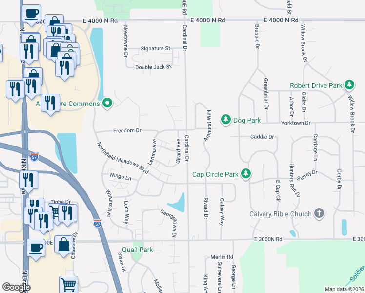 map of restaurants, bars, coffee shops, grocery stores, and more near 1614 North 2000E Road in Bourbonnais
