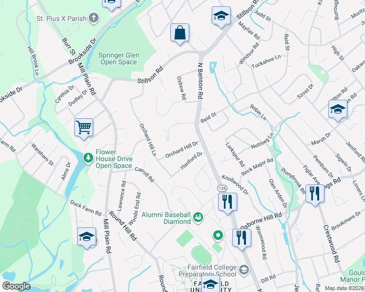 map of restaurants, bars, coffee shops, grocery stores, and more near 94 Orchard Hill Drive in Fairfield