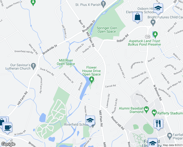 map of restaurants, bars, coffee shops, grocery stores, and more near 33 Middlebrook Place in Fairfield