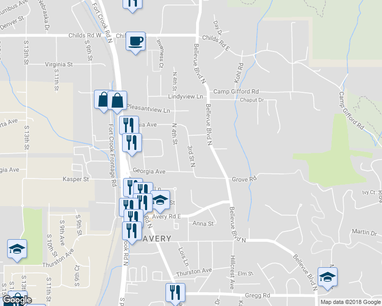 map of restaurants, bars, coffee shops, grocery stores, and more near 513 3rd Street North in Bellevue