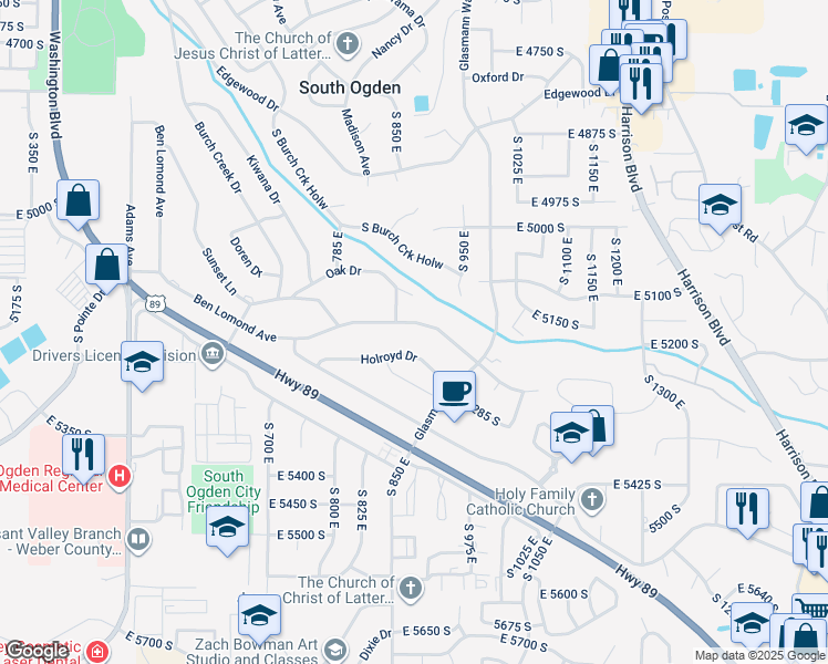 map of restaurants, bars, coffee shops, grocery stores, and more near 889 Ben Lomond Avenue in Ogden