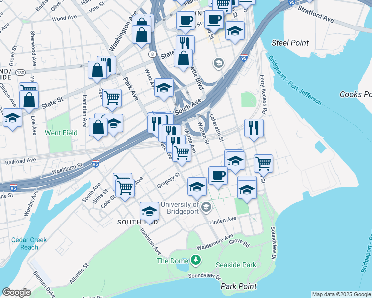 map of restaurants, bars, coffee shops, grocery stores, and more near 319 Railroad Avenue in Bridgeport