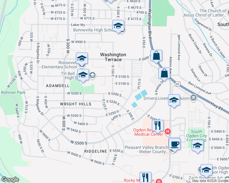 map of restaurants, bars, coffee shops, grocery stores, and more near 5192 South 150 East in Ogden