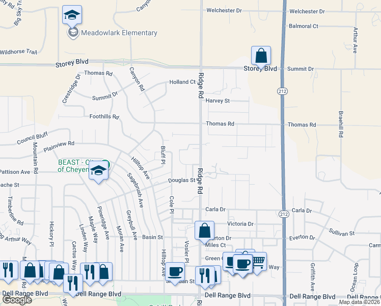 map of restaurants, bars, coffee shops, grocery stores, and more near 5504 Ridge Road in Cheyenne