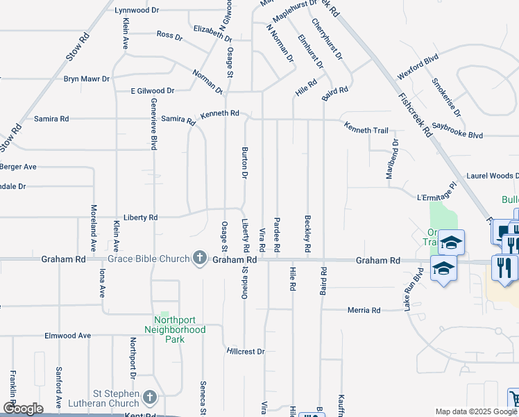 map of restaurants, bars, coffee shops, grocery stores, and more near 4054 Vira Road in Stow