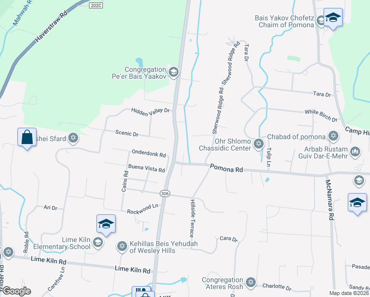 map of restaurants, bars, coffee shops, grocery stores, and more near 32 New Pomona Road in Suffern