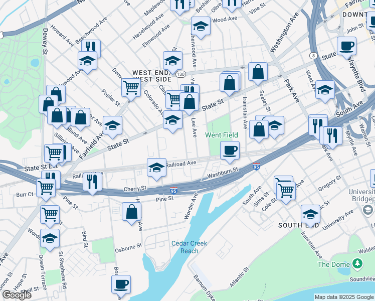 map of restaurants, bars, coffee shops, grocery stores, and more near 32 Clinton Avenue in Bridgeport