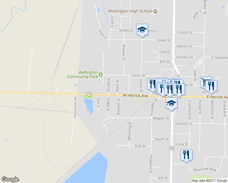 map of restaurants, bars, coffee shops, grocery stores, and more near 504 West Herrick Avenue in Wellington