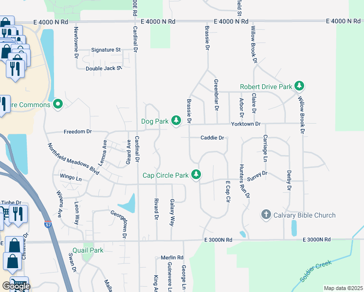 map of restaurants, bars, coffee shops, grocery stores, and more near 1557 Brassie Drive in Bourbonnais