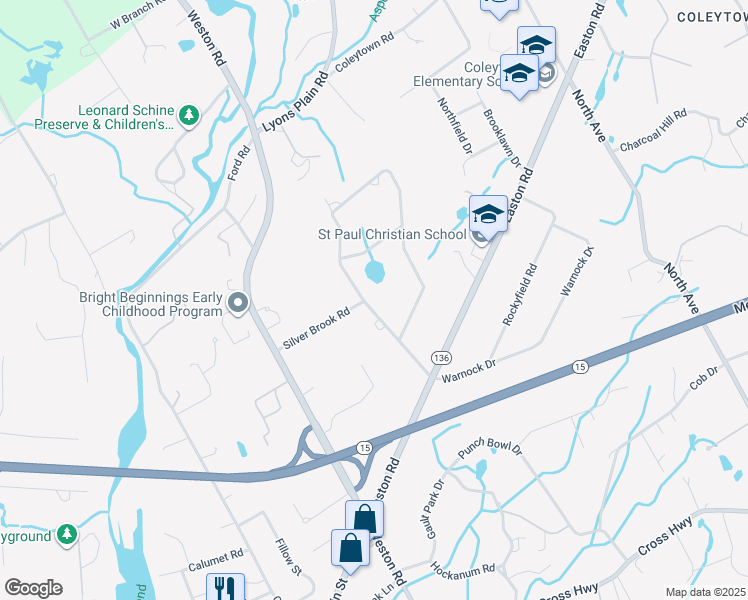 map of restaurants, bars, coffee shops, grocery stores, and more near 14 Silver Brook Road in Westport