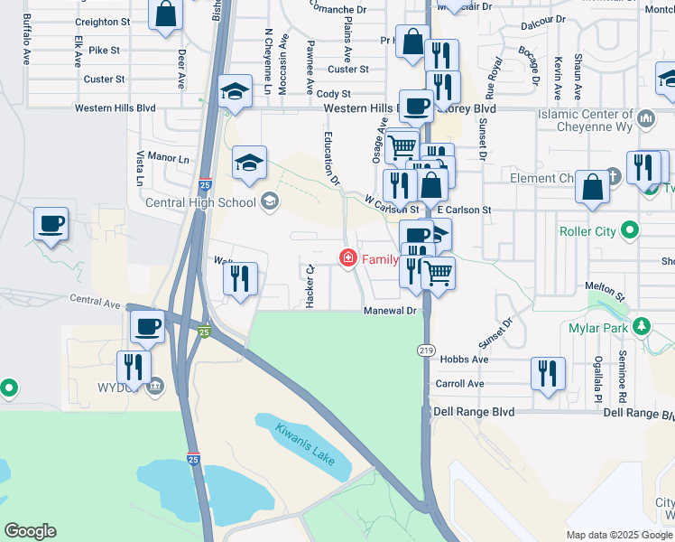 map of restaurants, bars, coffee shops, grocery stores, and more near 5414 Akes Drive in Cheyenne