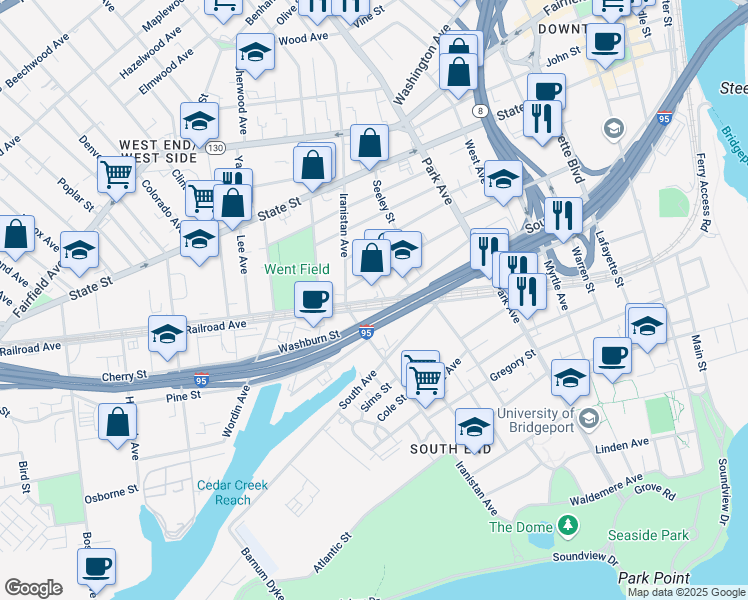 map of restaurants, bars, coffee shops, grocery stores, and more near 748 Railroad Avenue in Bridgeport