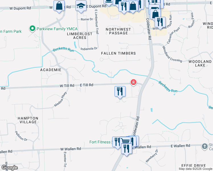 map of restaurants, bars, coffee shops, grocery stores, and more near 604 East Till Road in Fort Wayne