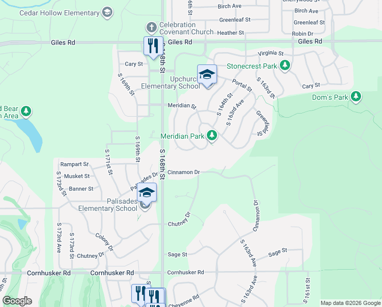 map of restaurants, bars, coffee shops, grocery stores, and more near 16615 Loop Street in Omaha