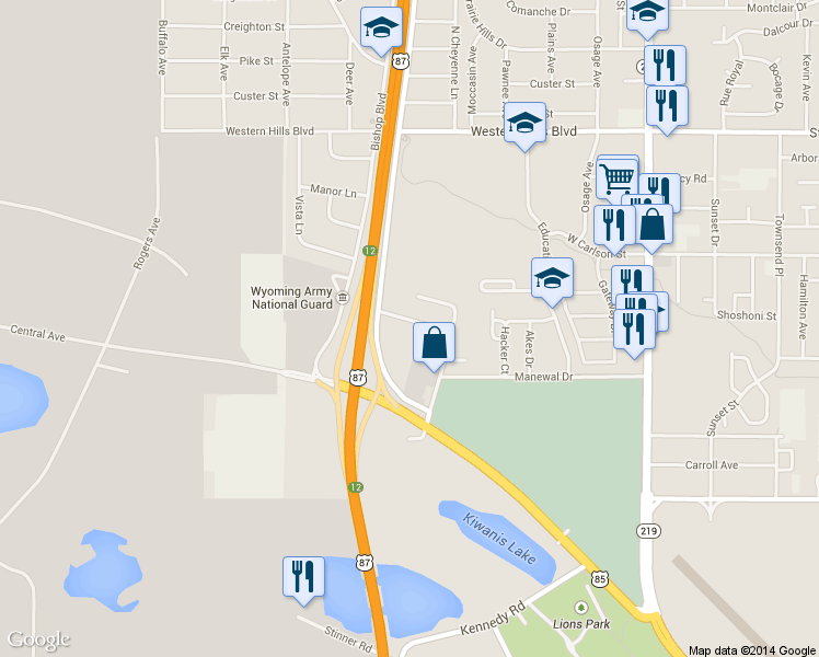 map of restaurants, bars, coffee shops, grocery stores, and more near 1433 Trent Ct in Cheyenne