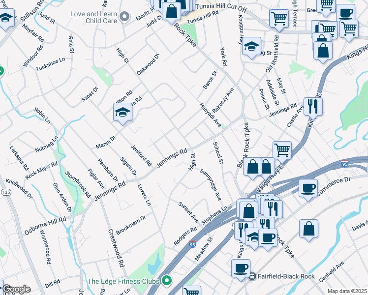 map of restaurants, bars, coffee shops, grocery stores, and more near 681 Jennings Road in Fairfield