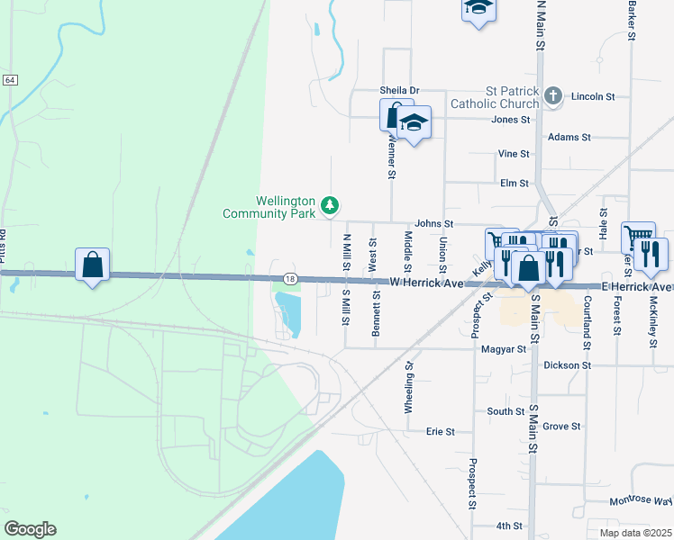 map of restaurants, bars, coffee shops, grocery stores, and more near 604 W Herrick Ave in Wellington
