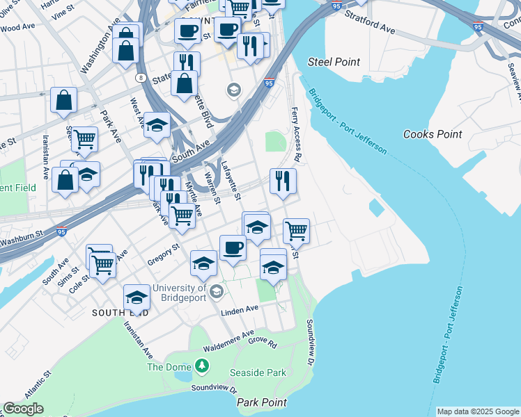 map of restaurants, bars, coffee shops, grocery stores, and more near 30 Gregory Street in Bridgeport