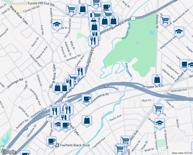 map of restaurants, bars, coffee shops, grocery stores, and more near 187 Fairchild Avenue in Fairfield