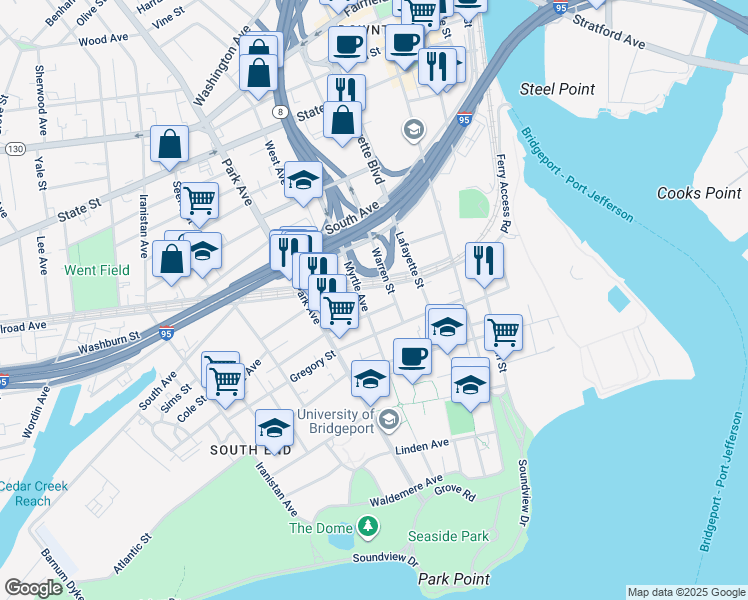 map of restaurants, bars, coffee shops, grocery stores, and more near 275 Warren Street in Bridgeport