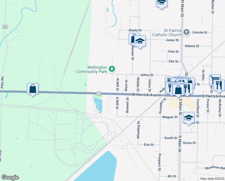 map of restaurants, bars, coffee shops, grocery stores, and more near 604 West Herrick Avenue in Wellington