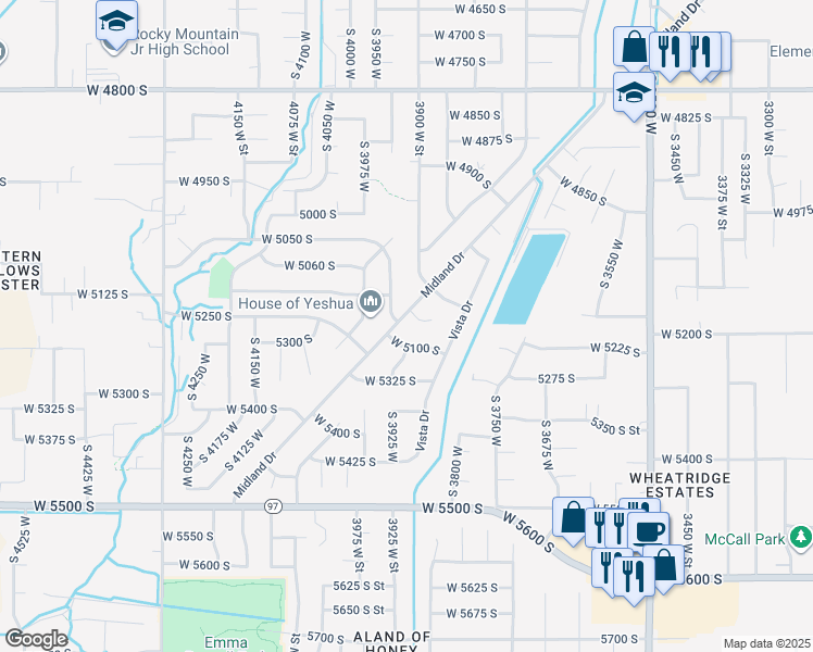 map of restaurants, bars, coffee shops, grocery stores, and more near 5078 Midland Drive in Roy