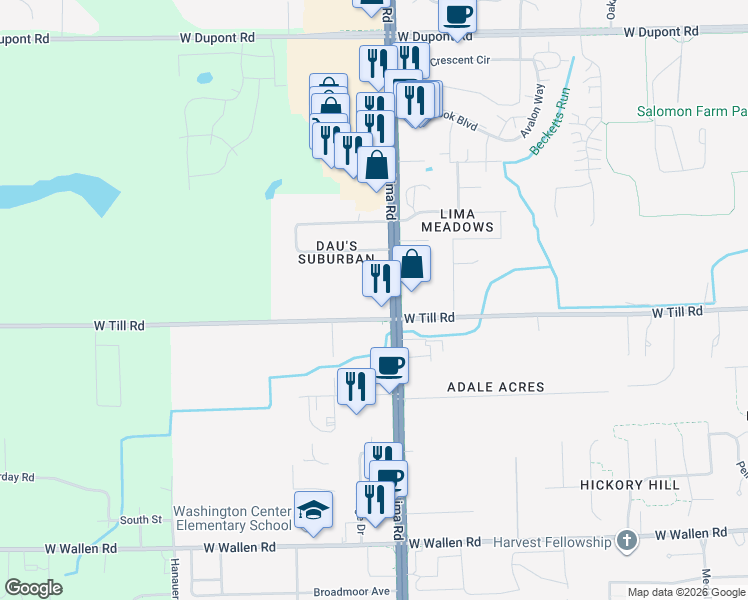 map of restaurants, bars, coffee shops, grocery stores, and more near 9423 Lima Rd in Fort Wayne