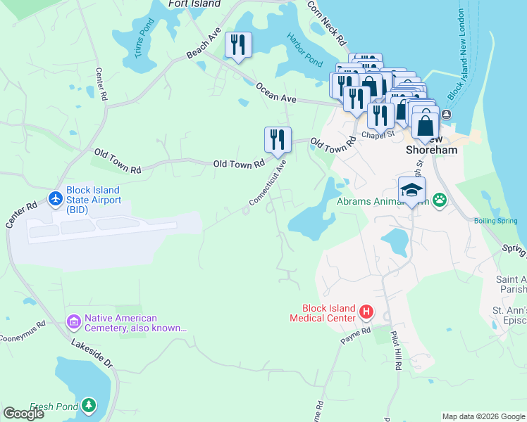 map of restaurants, bars, coffee shops, grocery stores, and more near 64 Connecticut Avenue in New Shoreham