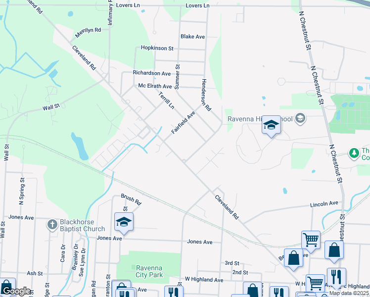 map of restaurants, bars, coffee shops, grocery stores, and more near 6538 Cleveland Road in Ravenna