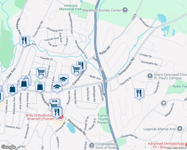 map of restaurants, bars, coffee shops, grocery stores, and more near 17 Belle Avenue in Ossining