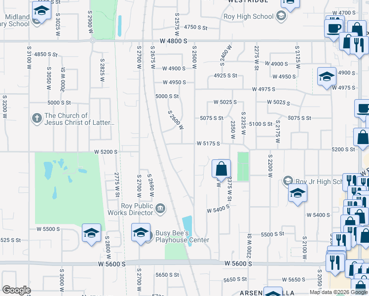 map of restaurants, bars, coffee shops, grocery stores, and more near 2565 West 5175 South in Roy