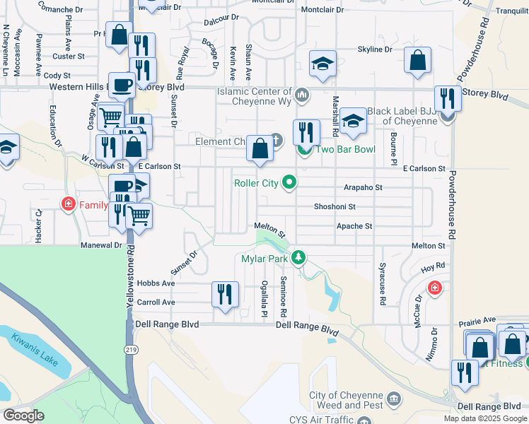 map of restaurants, bars, coffee shops, grocery stores, and more near 521 Shoshoni Street in Cheyenne