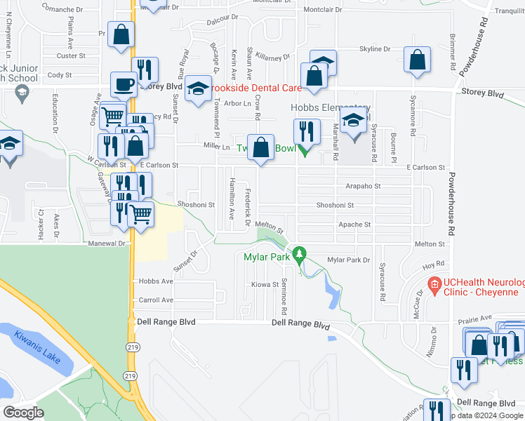 map of restaurants, bars, coffee shops, grocery stores, and more near 521 Shoshoni Street in Cheyenne