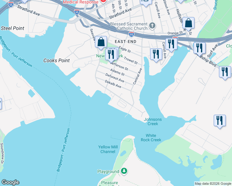 map of restaurants, bars, coffee shops, grocery stores, and more near 304 Seaview Avenue in Bridgeport