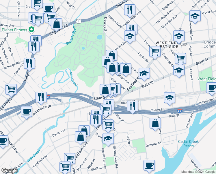 map of restaurants, bars, coffee shops, grocery stores, and more near 53 Ash Street in Bridgeport