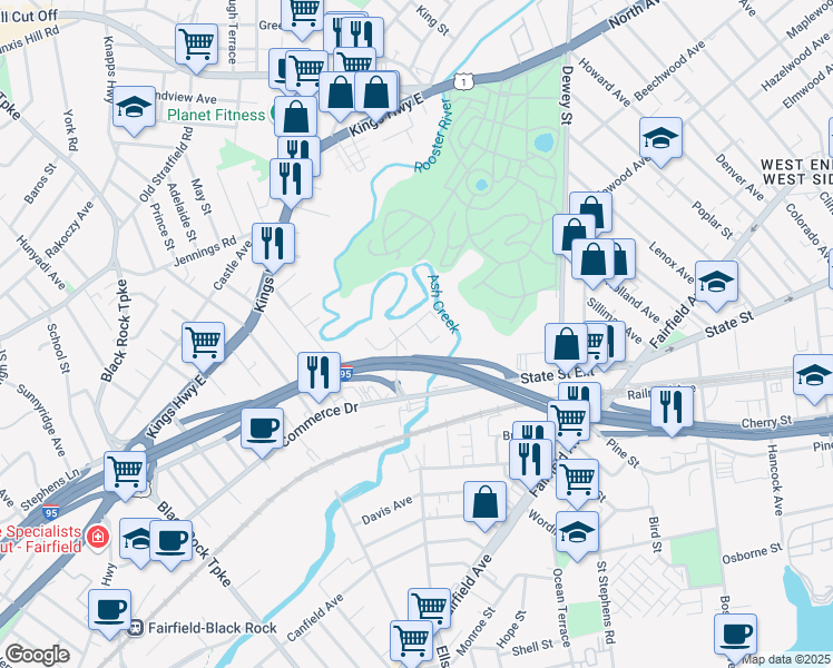 map of restaurants, bars, coffee shops, grocery stores, and more near 75 Camden Street in Fairfield