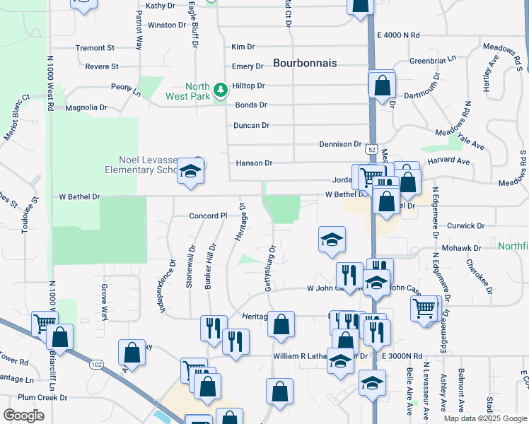 map of restaurants, bars, coffee shops, grocery stores, and more near 897 Gettysburg Court in Bourbonnais