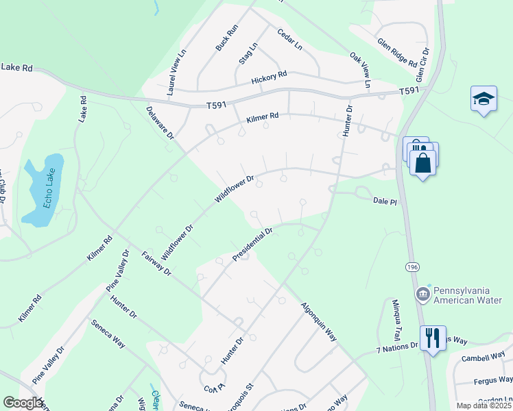 map of restaurants, bars, coffee shops, grocery stores, and more near 618 Washington Place in Tobyhanna