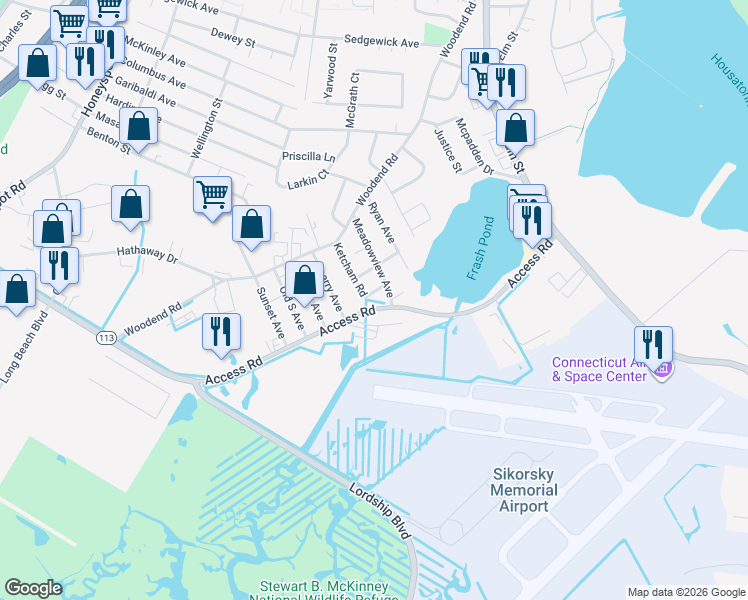 map of restaurants, bars, coffee shops, grocery stores, and more near 106 Ketcham Road in Stratford