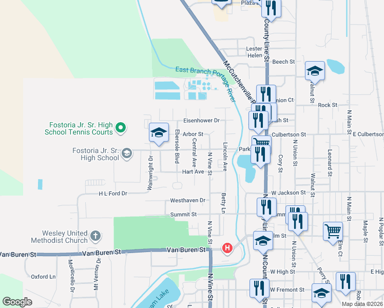 map of restaurants, bars, coffee shops, grocery stores, and more near 932 Central Avenue in Fostoria