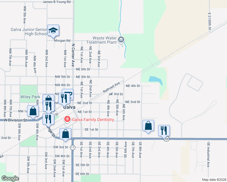map of restaurants, bars, coffee shops, grocery stores, and more near 426-498 Northeast 3rd Street in Galva