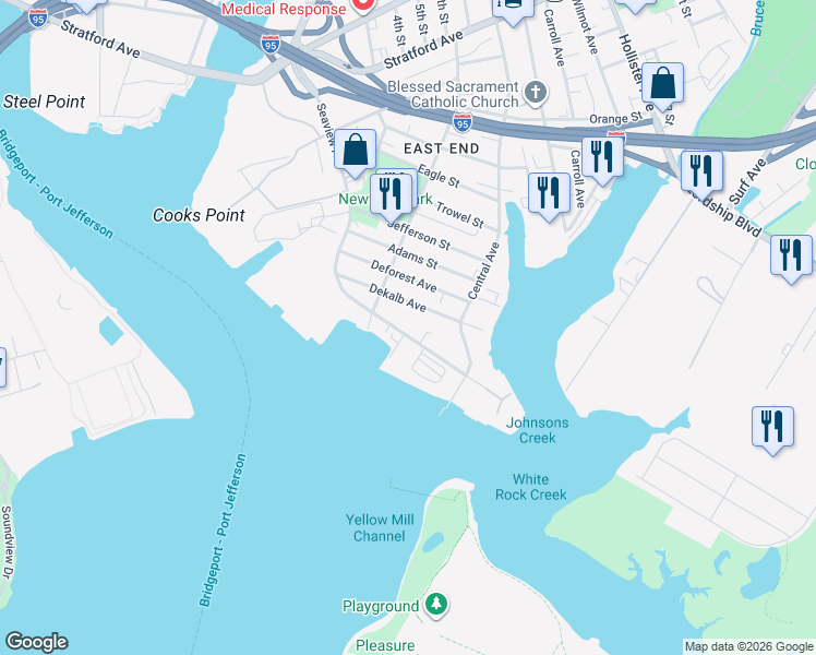 map of restaurants, bars, coffee shops, grocery stores, and more near 304 Seaview Avenue in Bridgeport