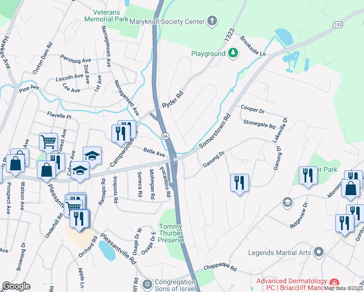 map of restaurants, bars, coffee shops, grocery stores, and more near 40 Park Drive in Ossining