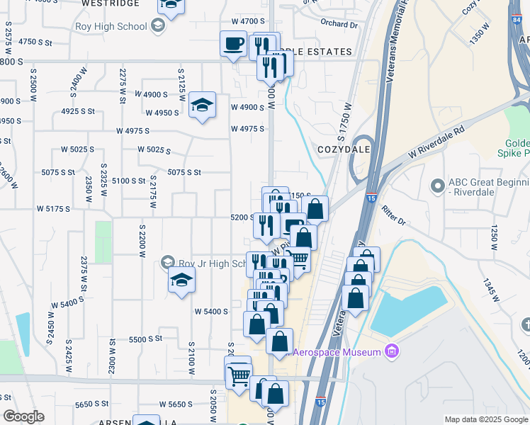 map of restaurants, bars, coffee shops, grocery stores, and more near 5210 South 1900 West in Roy