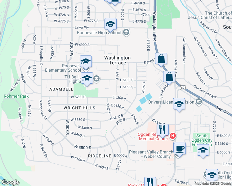 map of restaurants, bars, coffee shops, grocery stores, and more near 5192 South 150 East in Ogden