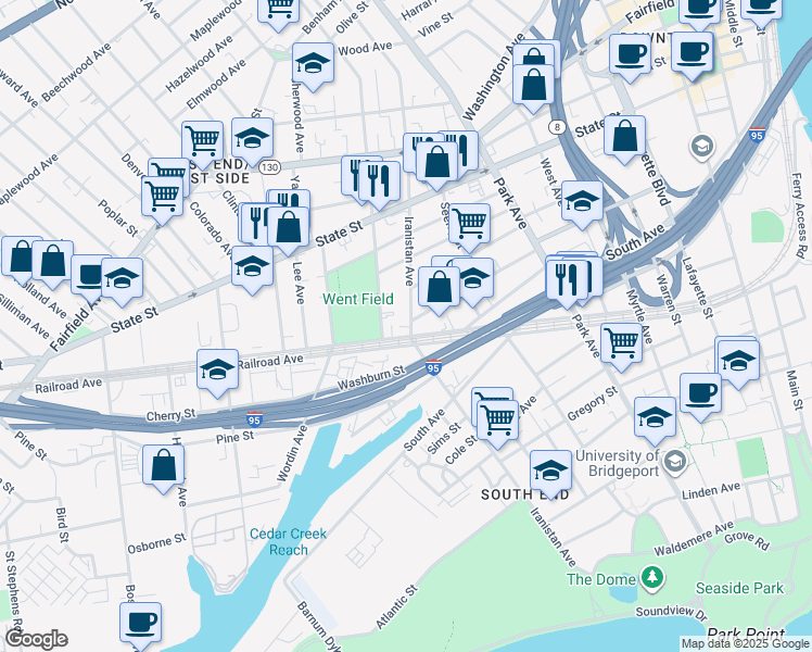 map of restaurants, bars, coffee shops, grocery stores, and more near 619-621 Iranistan Avenue in Bridgeport
